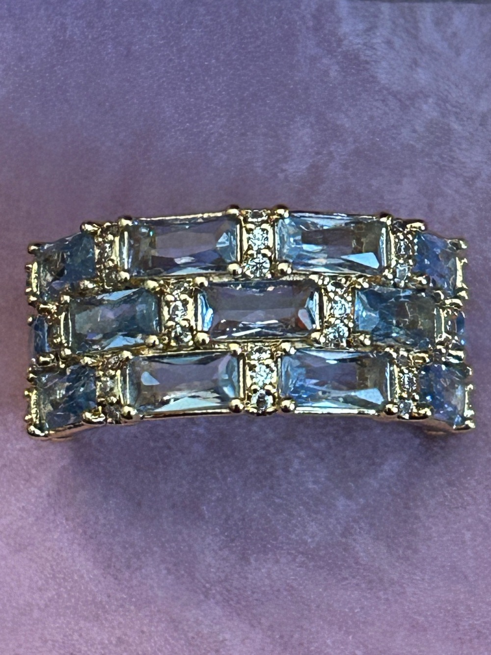 BP March Gold-Tone Baguette Aqua Blue & Round Clear Crystal Multi-Row Band Ring